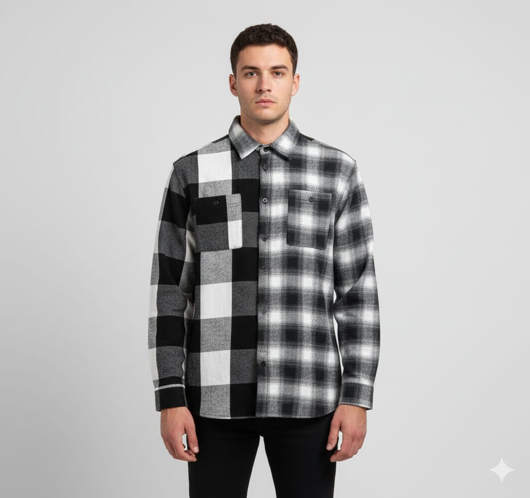 Oversize Men’s Black & White Checkered Half Split Shirt – SikSilk Edition - Image 3