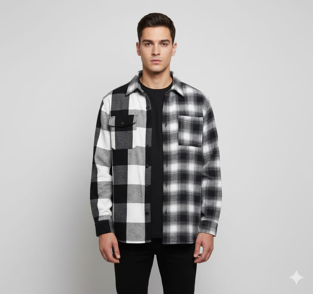 Oversize Men’s Black & White Checkered Half Split Shirt – SikSilk Edition - Image 2